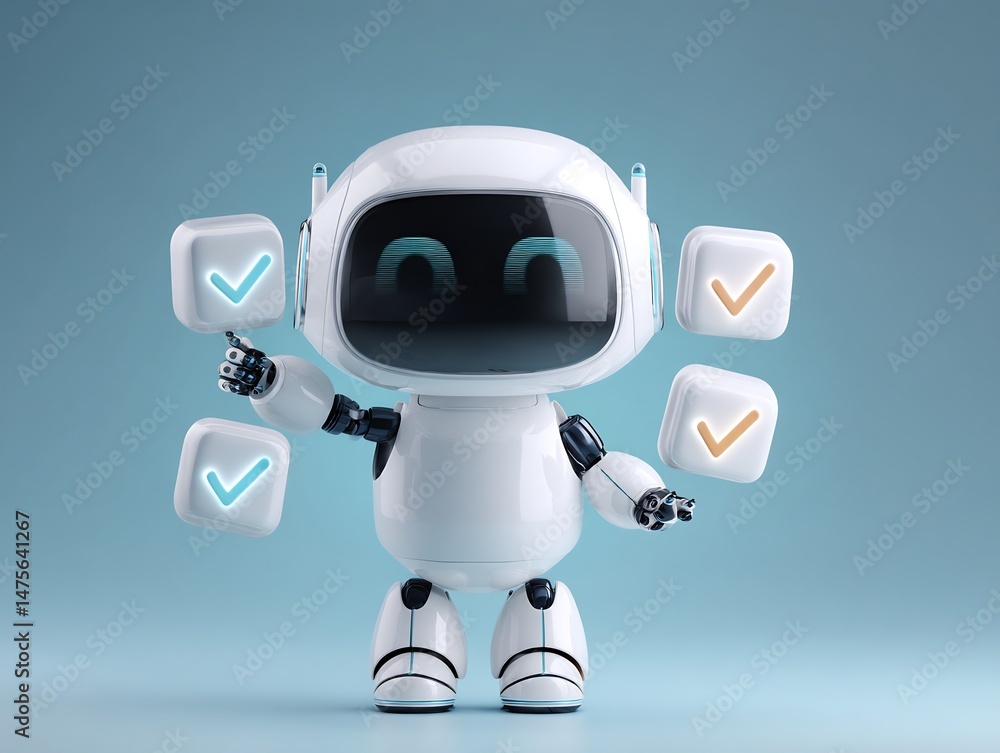Poster smiling robot juggling floating checklist cubes representing task completion