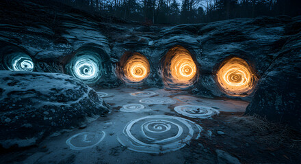 Mystical Cavern With Glowing Spirals In Stone Walls And Icy Landscape