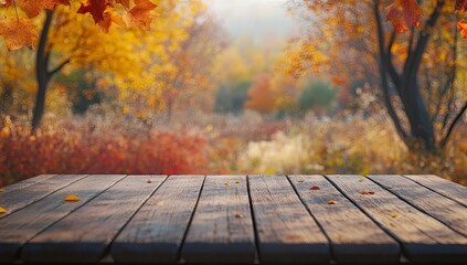 Autumn forest wood table scene.