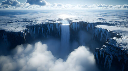 Fototapeta premium Frozen waterfall canyon landscape, winter cloudscape, aerial view, fantasy background, ideal for game design