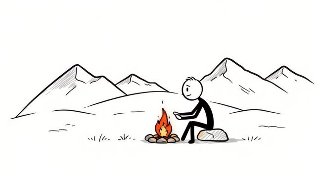 Stick figure by campfire in mountains illustration