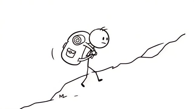 Stick figure hiking up a mountain with backpack illustration