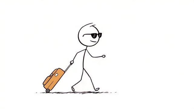 Stick figure illustration of person walking with suitcase