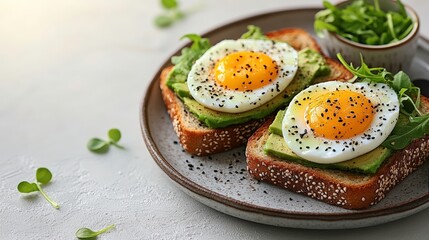 Delicious sunny side up eggs on avocado toast with fresh greens and pepper on a rustic plate, perfect for a healthy breakfast or brunch scene