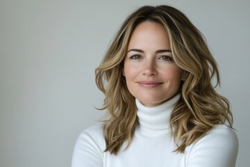 Fototapeta premium Young woman with long wavy hair wearing a white turtleneck sweater, smiling softly against a neutral background in a bright indoor setting.