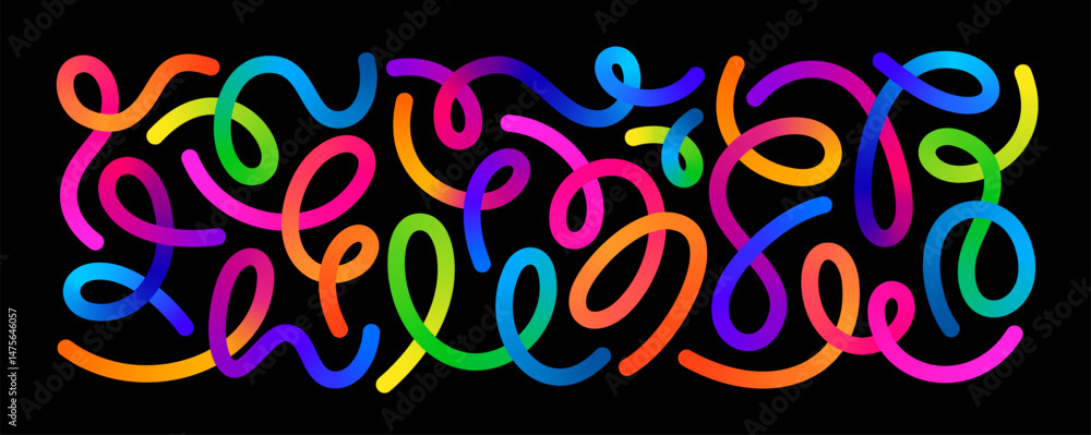 Poster Abstract Color Lines. Gradient Shape 3D Waves Pattern on Black Background. Vector Rainbow Ribbon. Wavy Graphic Design Elements.