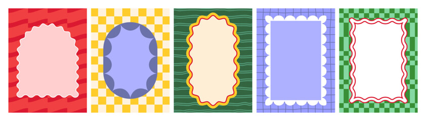 Wavy Border Frames. Scallop Edge Vector Frames. Wave Rectangle Boxes with Retro Patterns. Squiggle Line Background Design.