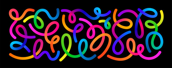 Abstract Color Lines. Gradient Shape 3D Waves Pattern on Black Background. Vector Rainbow Ribbon. Wavy Graphic Design Elements.