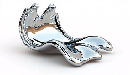 Abstract chrome splash sculpture reflects light on smooth surface in a seamless white studio backdrop scene.