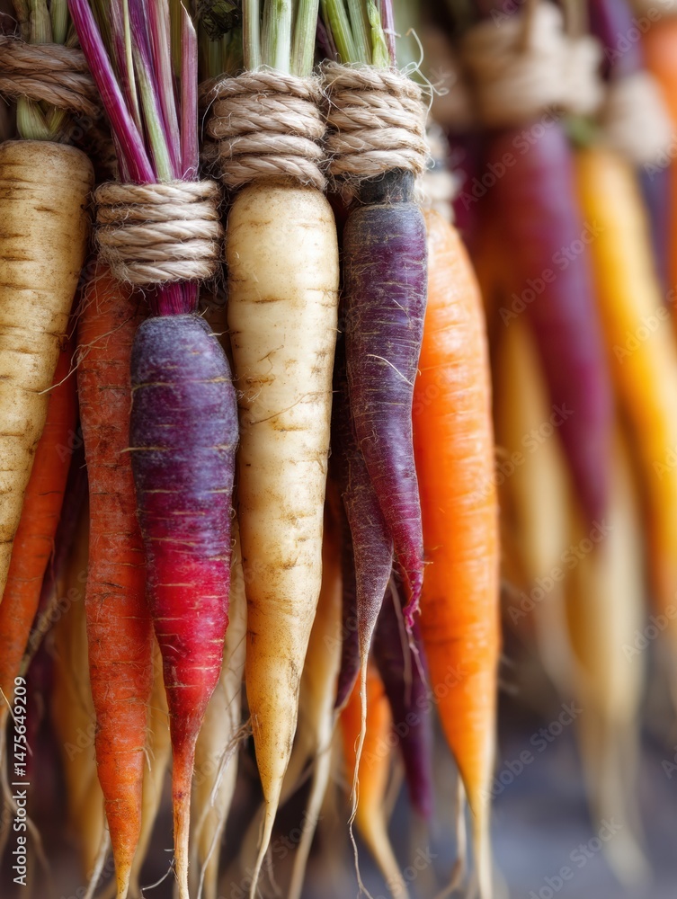 Leinwandbilder colorful carrots tied with twine create an artistic display in a rustic kitchen setting during a vib