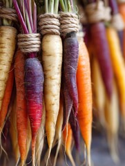 Colorful Carrots Tied With Twine Create an Artistic Display in a Rustic Kitchen Setting During a Vibrant Farmers Market