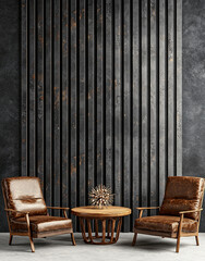 Two brown leather armchairs and a small table against a rustic dark panel wall provide a stylish interior.
