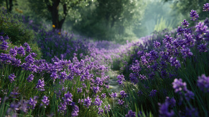 Obraz premium Purple wildflower pathway in forest