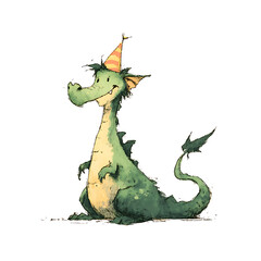 Fototapeta premium Party dragon: A green dragon celebrates with a striped cone hat, sitting cheerfully with a playful smile.