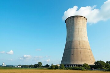 Fototapeta premium Large industrial cooling tower against a clear blue sky Industrial infrastructure, energy production, heat dissipation , heat, sustainability