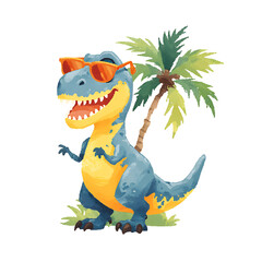 Fototapeta premium Cool dinosaur with sunglasses enjoying summer vacation. Dino vibes under the palm tree. Fun and playful design