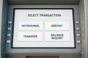 An ATM screen displays transaction choices like withdrawal and balance inquiry. Concept of automated banking and user access.
