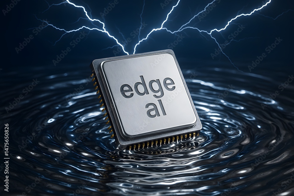 Poster an edge ai chip floats on liquid with electric currents radiating around. concept of edge computing 