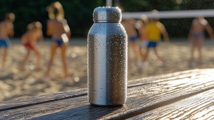 Reflective Stainless Steel Water Bottle on Wooden Table with Dew Drops in Focus, Beach Volleyball Game in the Background, Summer Vibes