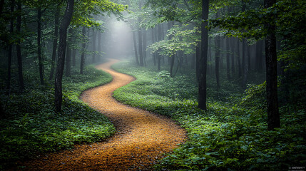 Obraz premium A winding dirt path leads through a tranquil forest shrouded in a soft, ethereal mist on a peaceful morning.