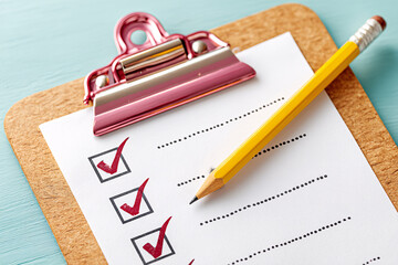 A clipboard with a list containing check marks and a yellow pencil sits on a blue surface.