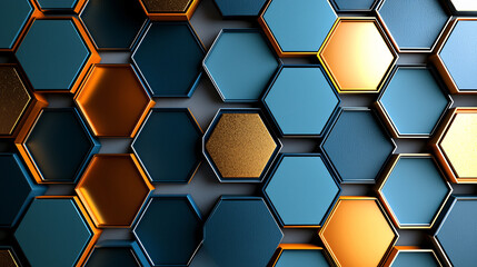 Obraz premium Abstract background featu blue and gold hexagonal tiles arranged in a repeating geometric pattern design.