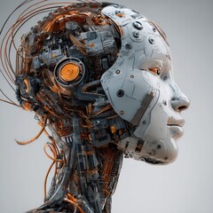 Fototapeta premium Intricate robotic female head with visible mechanics, wires, and metallic components, showcasing advanced artificial ligence and futuristic technology design.