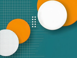 Abstract teal background with overlapping orange and white circles, grid pattern, and dotted elements; ideal for presentations