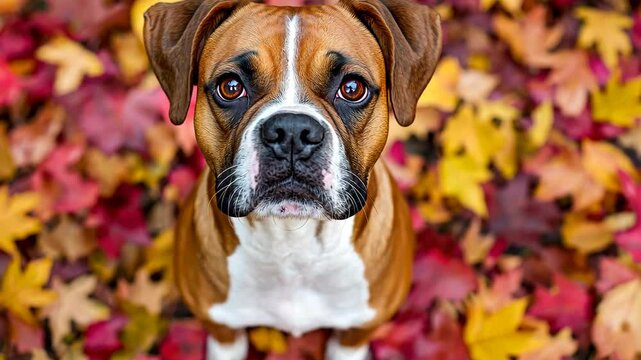 Autumn Boxer:  A brindle boxer dog with a white chest looks directly at the camera with big brown eyes, surrounded by colorful autumn leaves in a vibrant portrait.  