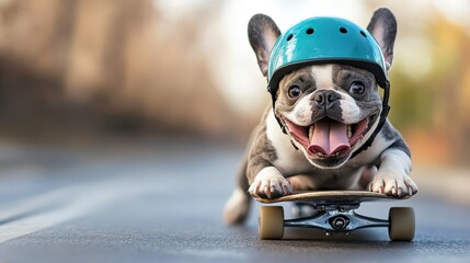 Happy dog wearing a helmet skateboards down the street showcasing playful personality and a love for adventure with sunny background and vibrant colors