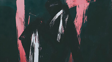 Abstract black and white figure against red textured background.  Art print for modern home decor