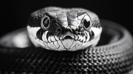 Fototapeta premium A striking monochrome portrait showcases the intense gaze of a coiled snake, highlighting its scales and eyes.