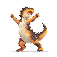 Fototapeta premium Happy spiky cartoon creature with arms raised stands on a white background, looking joyful and excited.