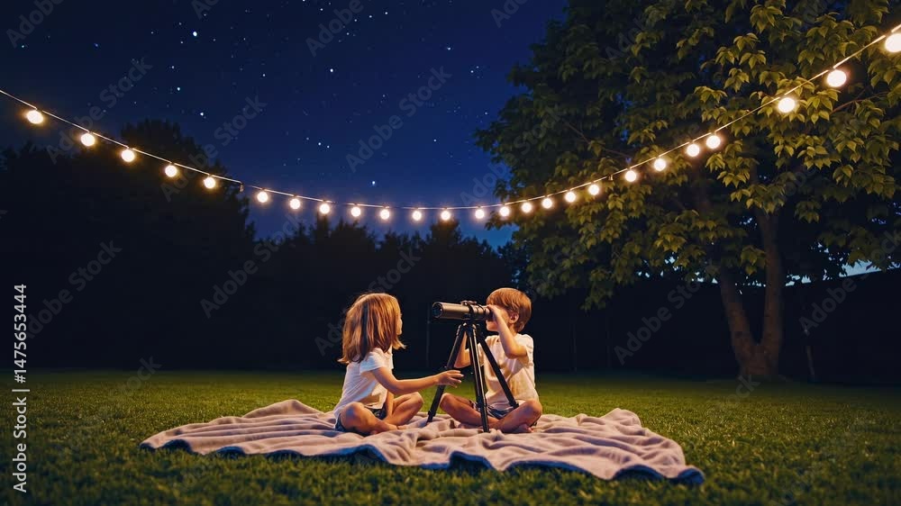 Poster low-angle video shot of two children on a blanket under string lights, using a telescope in a serene
