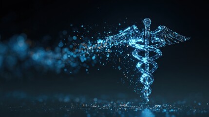 A shimme digital caduceus symbol emerges from glowing particles against a dark backdrop symbolizing modern medicine, health technology, and innovation.