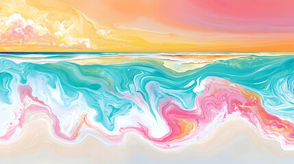 Abstract ocean sunset beach seascape; pastel colors, calming mood, ideal for relaxation or travel promotion