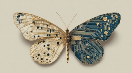A beautiful conceptual butterfly with circuit board wing patterns creatively symbolizing technology nature and the harmonious integration of digital innovation now.