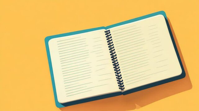Open spiral notebook with pen on orange background, top view mockup concept