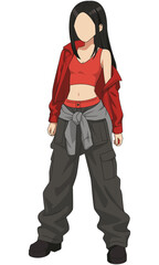 Flat vector illustration of a korean pop idol dancing. Korean dancer performing choreography viral song. Idol group female fashion model in a red dress. Asian beauty model singing on stage.