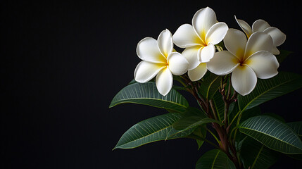 Naklejka premium Delicate white and yellow plumeria blossoms are showcased against a dark backdrop showing nature beauty.