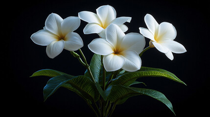 Pristine frangipani blossoms showcase their delicate beauty against a strikingly stark black background elegantly.