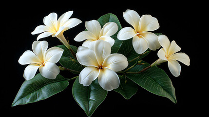 Fototapeta premium Elegant arrangement of white plumeria flowers with green leaves beautifully isolated against a dark background.