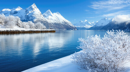 Winter landscape with snow covered trees and river reflection