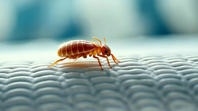 Bedbug close-up: Macro shot of a bedbug. Illustrating its distinct segmented body and slender legs.