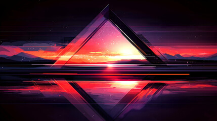 Geometric sunset over mountains reflected in water, digital art, ideal for desktop wallpaper