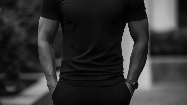Black t-shirt mockup featuring a fit male model in urban setting, concept of modern apparel promotion