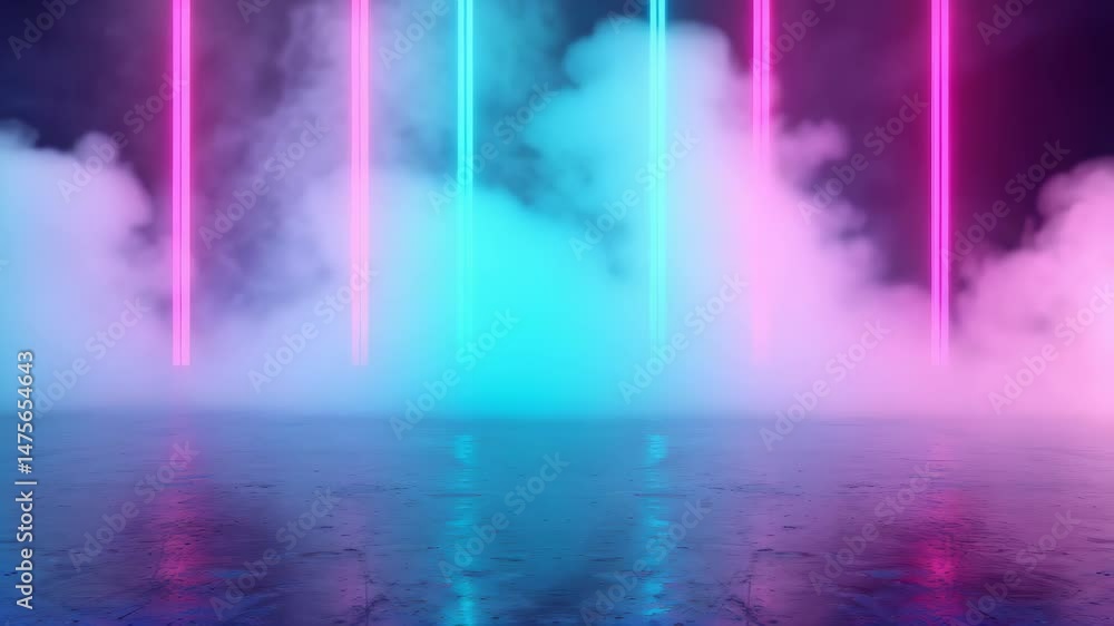 Poster neon lights and mystical fog: vertical neon lights cast vibrant colors over a smoky expanse, creatin