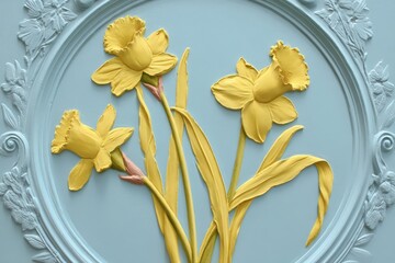 Ornate floral design depicting three daffodils.