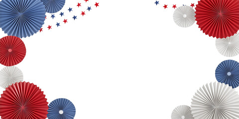Patriotic red, white, and blue paper fans and stars border on transparent background for Fourth of July, Memorial Day, or American celebration banner and invitation design