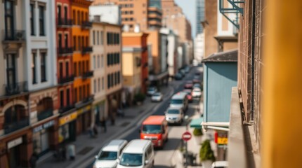Busy urban street with colorful buildings and moving vehicles.